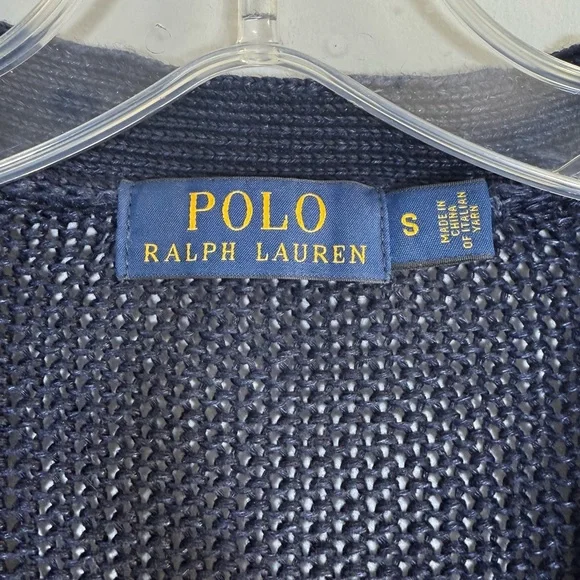 POLO RALPH LAUREN LINEN CARDIGAN SWEATER NAVY BLUE S OPEN CHUNKY KNIT V-NECK